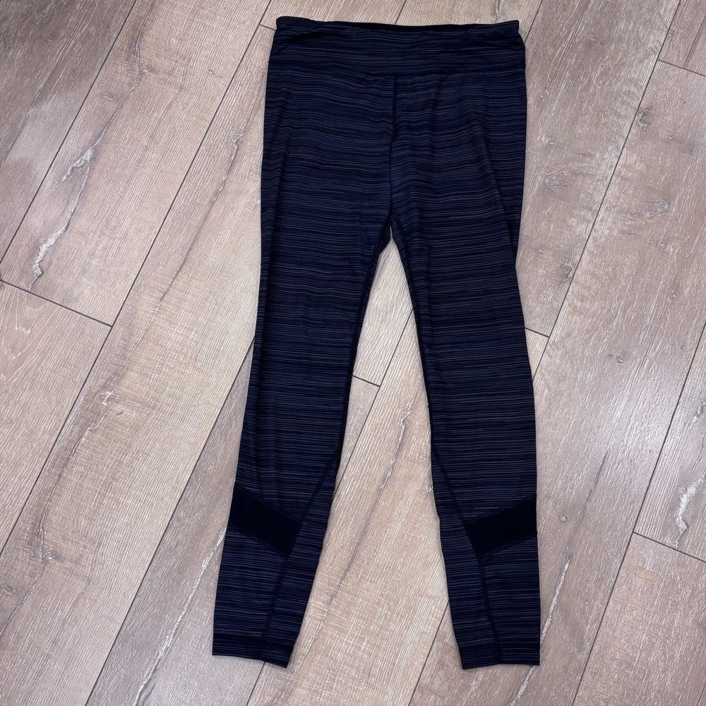 Under Armour Studio Women's Striped Leggings Size L Mesh Panels Black Grey SS15